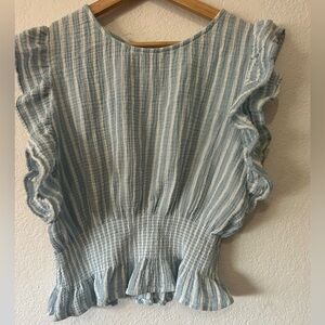 Cupcakes and Cashmere Blue and White Striped Ruffle Sleeve Top - Size XL